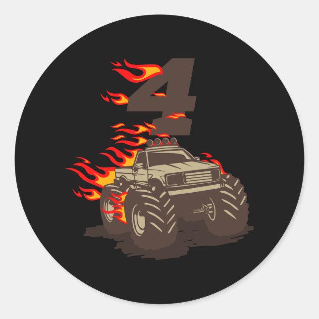 Sticker Rond 4 BISTHDAY MONSTER TRUCK 4th Birthday Boy Truck (Devant)