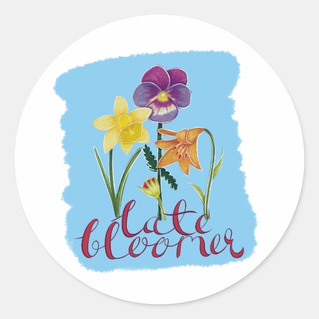 Sticker Rond 4 fleurs de printemps et d'été avec texte fantaisi (Devant)