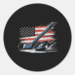 Sticker Rond 4 juillet Bâton De Hockey Sur Glace Puck Us Drapea