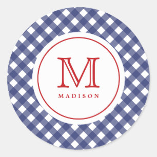 Sticker Rond 4 juillet Bleu Chèques Red Monogram Party