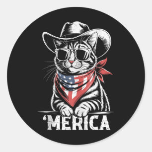 Sticker Rond 4 juillet Cat Cowboy Merica Kitten Patriot Boys