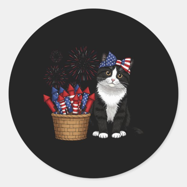 Sticker Rond 4 juillet Conception De Chat Et Feux D'Artifice Po (Devant)