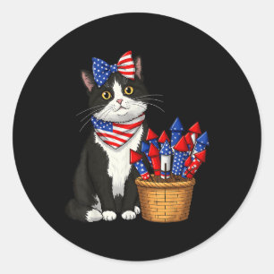 Sticker Rond 4 juillet Conception De Chat Et Feux D'Artifice Po