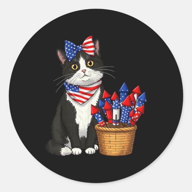Sticker Rond 4 juillet Conception De Chat Et Feux D'Artifice Po (Devant)