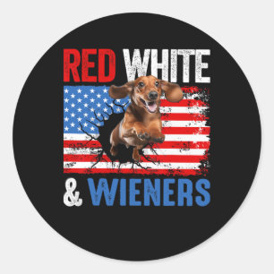 Sticker Rond 4 juillet Dachshund Chien Chemise Rouge Blanc Et W