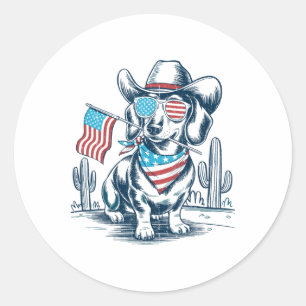 Sticker Rond 4 juillet dachshund cowboy patriotique drapeau Éta