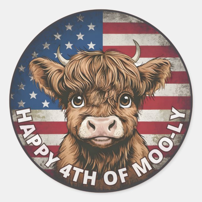 Sticker Rond 4 juillet Fête de l'Indépendance Highland Cow Circ (Devant)