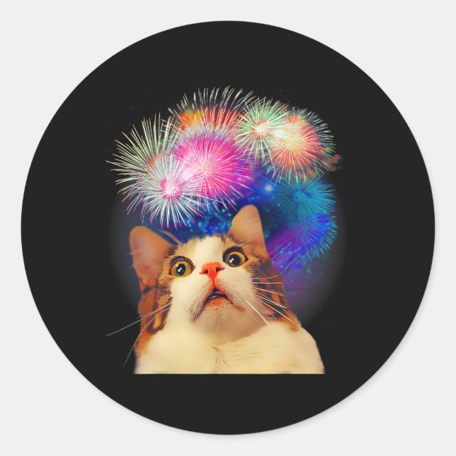 Sticker Rond 4 juillet Feu d'artifice captivé Chat (Devant)