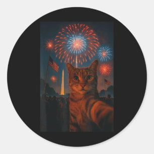 Sticker Rond 4 juillet Fireworks Patriotique Funny Chat Selfie 