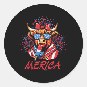 Sticker Rond 4 juillet Highland Cow Popsicle Firework Usa Ame