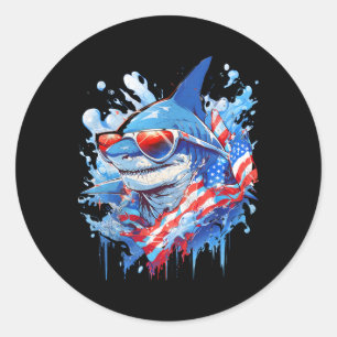 Sticker Rond 4 juillet Patriotic Funny Shark Sungles Independen
