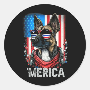 Sticker Rond 4 juillet Patriotique Belge Malinois Chien Merica