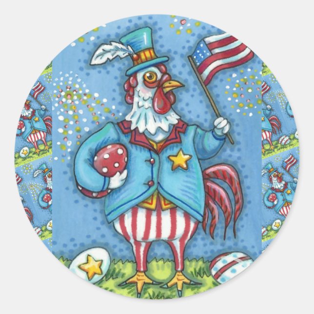 Sticker Rond 4 juillet ROOSTER, FUNNY PATRIOTIC POULET (Devant)