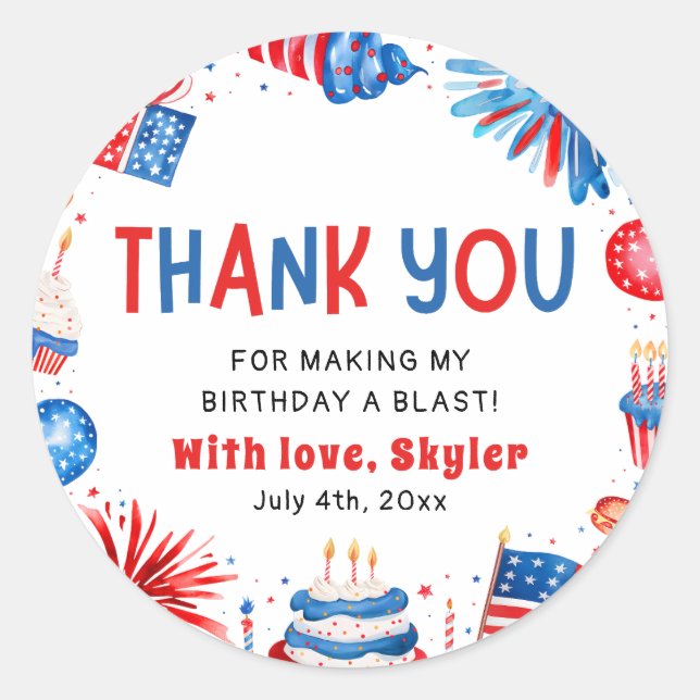 Sticker Rond 4 juillet Rouge Blanc Bleu Merci d'anniversaire (Devant)