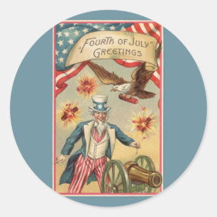 Sticker Rond 4 juillet vintage Fireworks avec Oncle Sam
