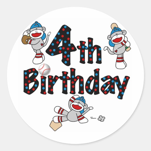 Sticker Rond 4e anniversaire de baseball de singe de soq (Devant)