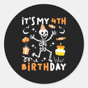Sticker Rond 4e anniversaire enfants drôle squelette 4ème anniv