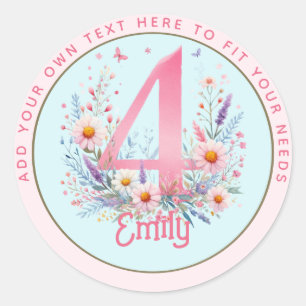 Sticker Rond 4e anniversaire Fairy Floral Pink Princess Fairyta