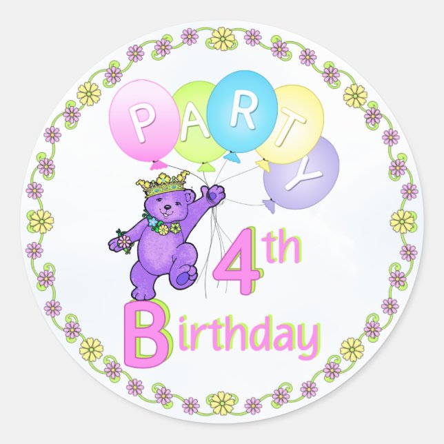 Sticker Rond 4e anniversaire Ours Princesse Ballons (Devant)