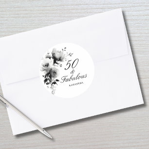 Sticker Rond 50 ans et Fabuleux Fleurs Noir Blanc 50e Anniversa
