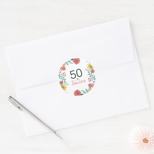 Sticker Rond 50 ans et fabuleux vert élégant floral aquarelle c (Enveloppe)