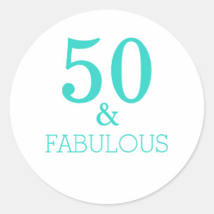 Sticker Rond 50 Et Fabuleuse fête d'anniversaire Turquoise Blan