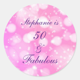 Sticker Rond 50 Et Fabuleux Anniversaire Rose Rose Purple Glitt