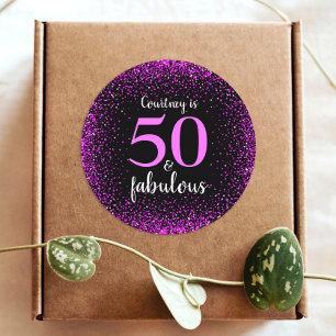 Sticker Rond 50 et fabuleux chic rose chaud nom monogramme noir