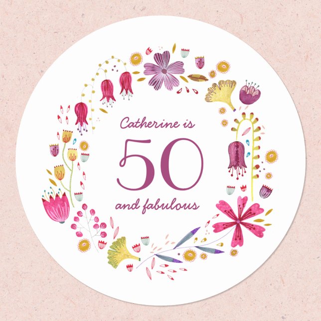 Sticker Rond 50 et Fabulous Aquarelle Nom floral Anniversaire (50 Fifty and fabulous personalized custom text age watercolor flower wreath stickers)