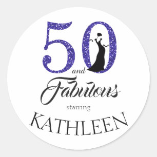 Sticker Rond 50 et Fabulous Blue Parties scintillant Nom person