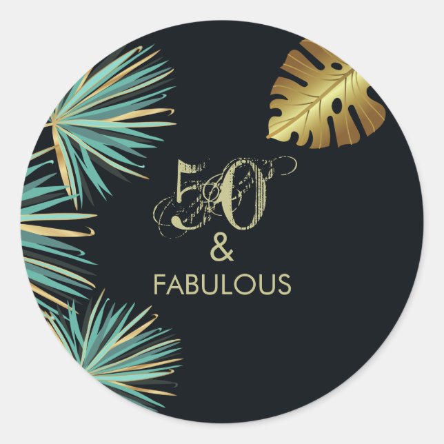Sticker Rond 50 et Fabulous Green Gold Feuilles fête d'annivers (Devant)