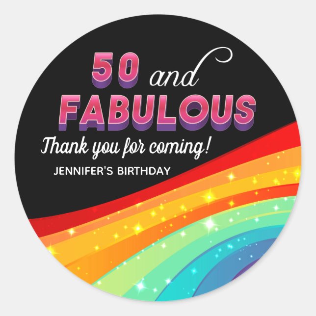 Sticker Rond 50 et Fabulous Rainbow 50th Birthday Party (Devant)