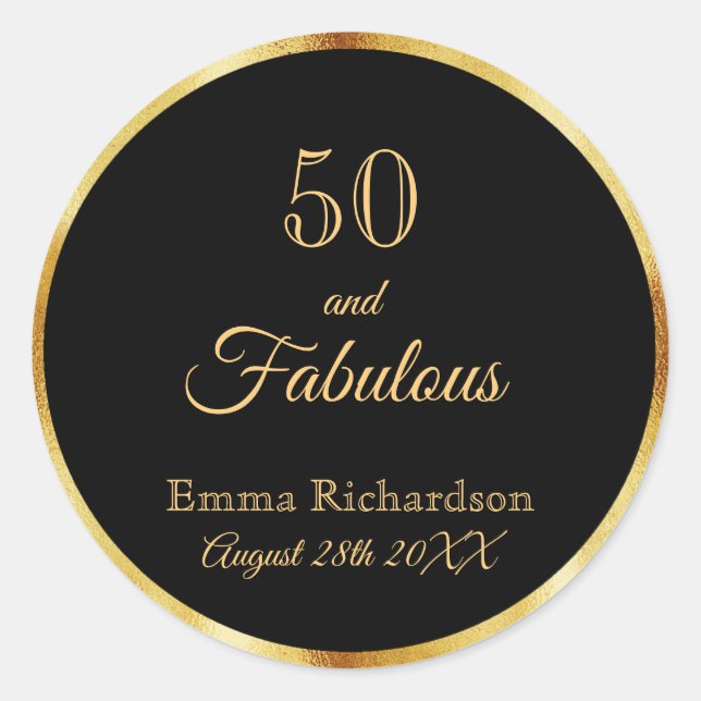 Sticker Rond 50 fabuleux Anniversaire noir nom or (Devant)