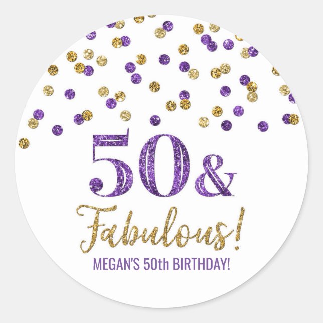 Sticker Rond 50 & Fabuleux Anniversaire Purple Gold Confetti (Devant)