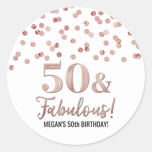 Sticker Rond 50 & Fabuleux Anniversaire Rose Gold Confetti (Devant)