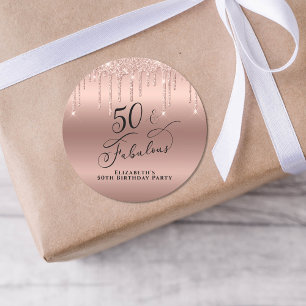 Sticker Rond 50 Fabuleux Anniversaire Rose Parties scintillant 