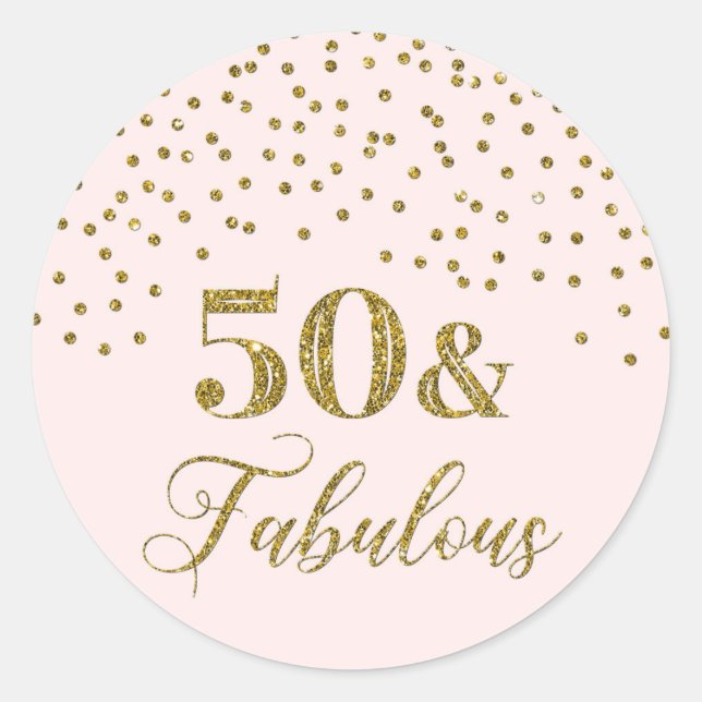 Sticker Rond 50 & Fabuleux Confetti d'or rose pâle Anniversaire (Devant)