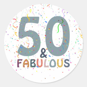 Sticker Rond 50 & Fabuleux Confettis Bleus Typographie Tendance
