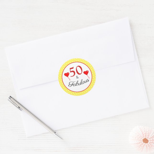 Sticker Rond 50 & Fabuleux Red 50th Birthday Yellow White Dots (Enveloppe)