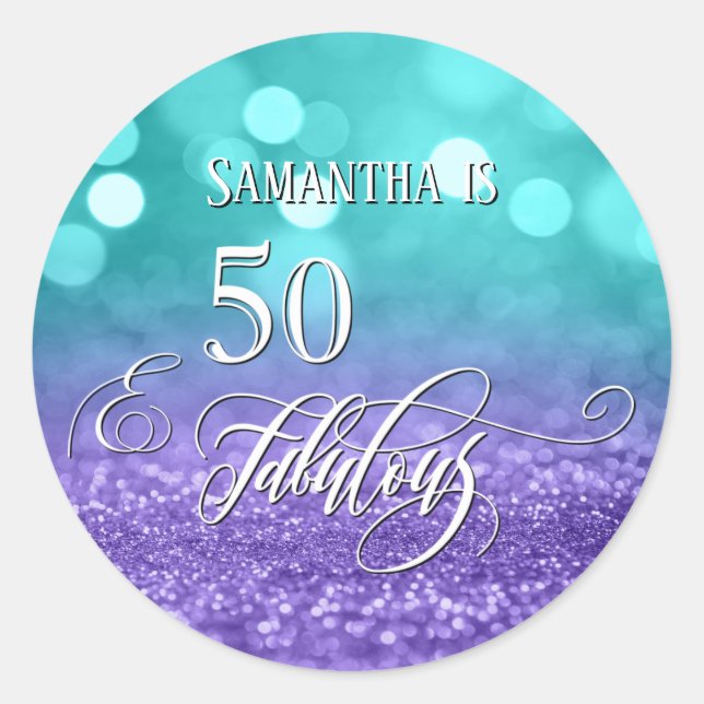 Sticker Rond 50 & Fabuleux Script Sparkling Turquoise Purple Om (Devant)