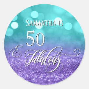 Sticker Rond 50 & Fabuleux Script Sparkling Turquoise Purple Om