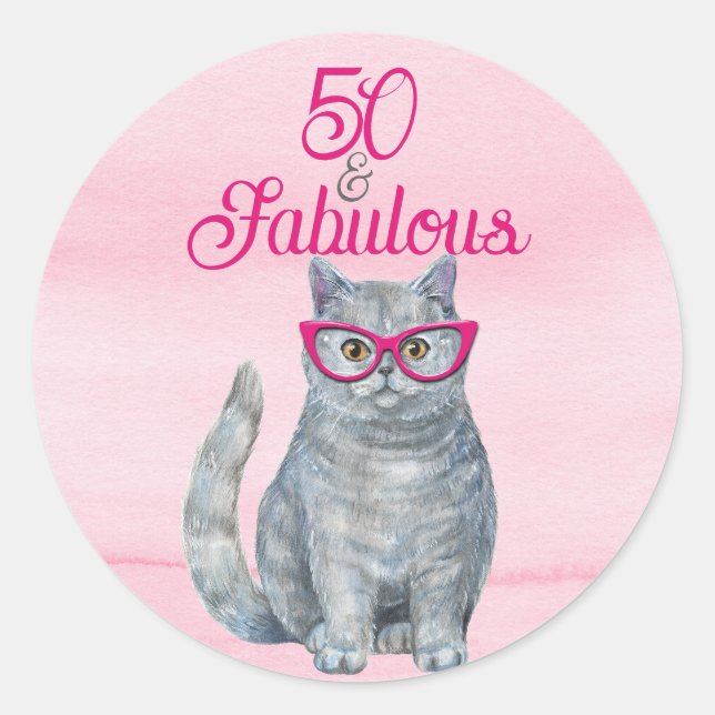 Sticker Rond 50 & Fabulous Chat, rose et gris, 50e anniversaire (Devant)