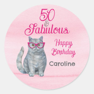Sticker Rond 50 & Fabulous Chat, rose et gris, 50e anniversaire