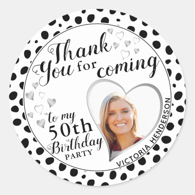 Sticker Rond 50e anniversaire Black White Dots Favor Merci (Devant)