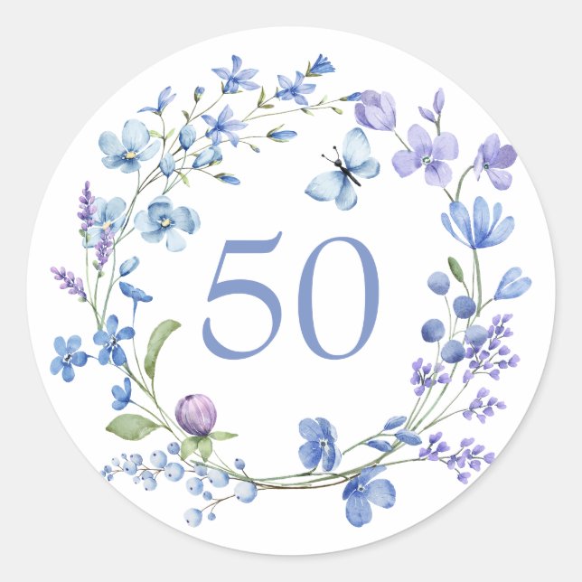 Sticker Rond 50e anniversaire Blue Floral (Devant)
