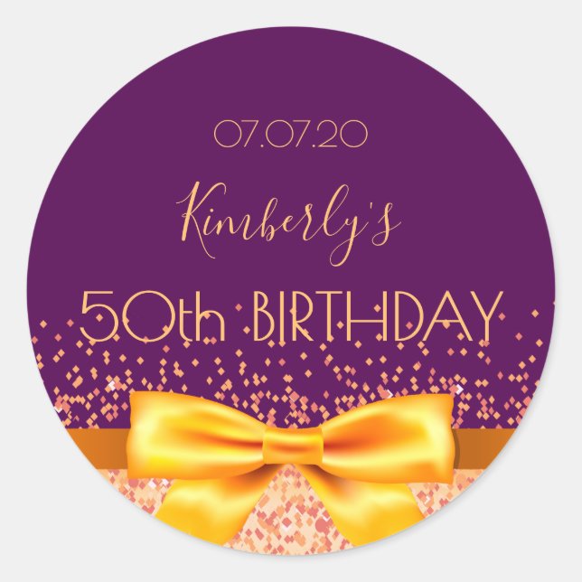 Sticker Rond 50e anniversaire de fête violet or rose (Devant)