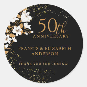 Sticker Rond 50e anniversaire de la florale d'or noir Mariage
