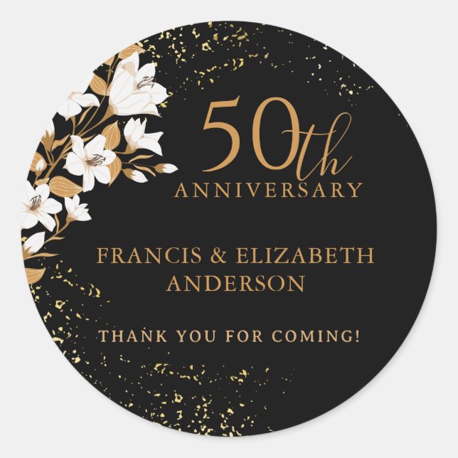 Sticker Rond 50e anniversaire de la florale d'or noir Mariage (Devant)