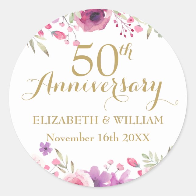 Sticker Rond 50e Anniversaire de Mariage Aquarelle Floral (Devant)