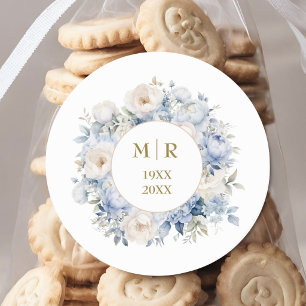 Sticker Rond 50e Anniversaire de Mariage Bleu Poussiéreux Or